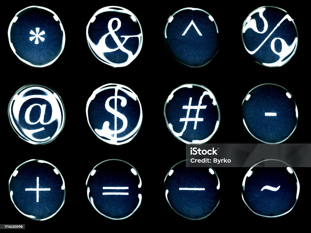 Water Bubble Symbols *-&-^-%-@-$-#-+-=-aa-~ symbols (roman font) isolated on Black background. 'at' Symbol Stock Photo