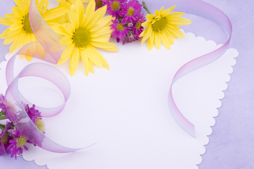A blank card/ivitation adorned with flowers and ribbons.PLEASE CLICK ON THE IMAGE BELOW TO SEE MY EASTER PORTFOLIO: