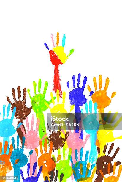 Handprints Multicolore - Fotografie stock e altre immagini di Bianco - Bianco, Blu, Colore verde