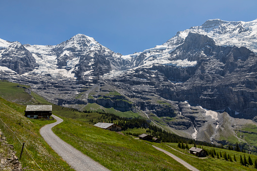 the monch jungfrau and jungfraujoch above wengen switzerland with chalets and farms sunny summer day blue sky