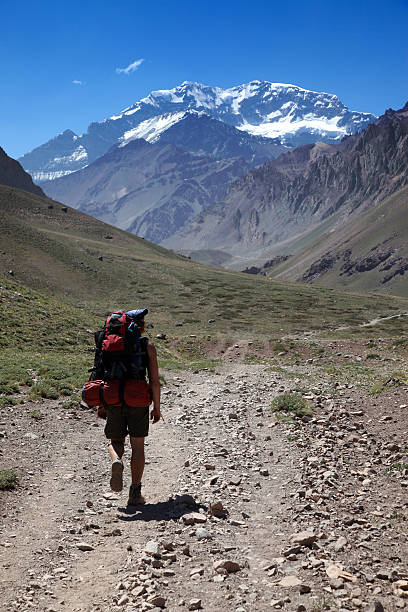 istock Man Hiker Walking With Backpack in Aconcagua Valley, Argentina 174630714