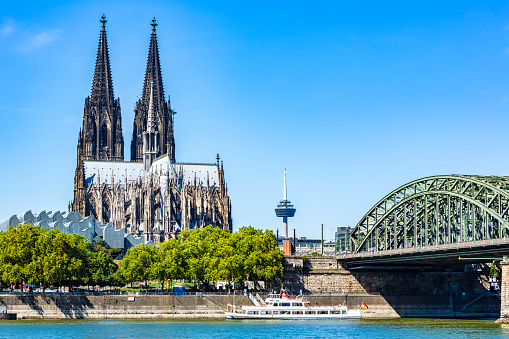 Cologne Germany Christmas market, aerial drone view over Cologne rhine river Germany Europe