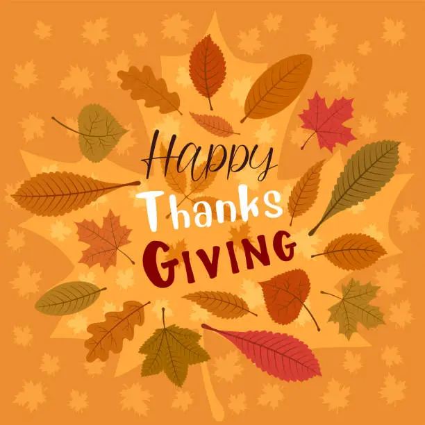 Vector illustration of Happy Thanksgiving card with autumn leaves.