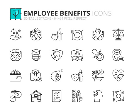 Line icons  about employee benefits. Contains such icons as health insurance, social responsibility, retirement planning and bonus. Editable stroke Vector 64x64 pixel perfect