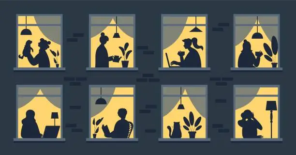 Vector illustration of Night house. Neighbors together. Residential building facade. Family at home with book or watching TV. People cooking or reading in evening. Pet in window. Vector tidy cartoon illustration