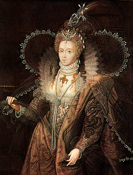 Queen Elizabeth I Vintage engraving of Queen Elizabeth the First of England reigned from 1558 to 1603.  She was also known as The Virgin Queen, Gloriana, or Good Queen Bess. This engraving is based on the famous Rainbow portrait of the Queen painted in 1600. Note engraving from  1855 photo and colour work by by D Walker queen royal person stock illustrations