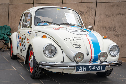 Scheveningen, The Netherlands, 14.05.2023, Classic Volkswagen Beetle stylized as Herbie the Love Bug at The Aircooled classic car show
