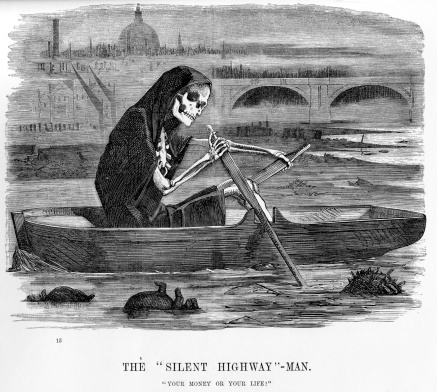Vintage engraving showing the grim reaper in a rowing boat on the Thames in London, illustrating how badly polluted the river was in the mid 19th century. Engraving from 1854 photo by d walker