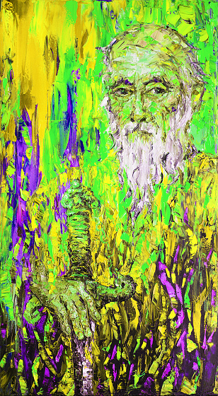 Artistic illustration art oil painting impressionism vertical portrait of a strict elderly man with a beard sword in hand on a greenish  background
