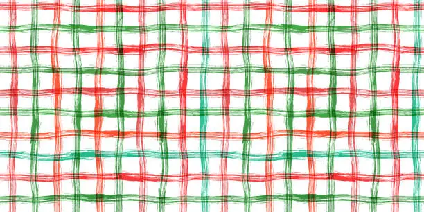 Vector illustration of Red and green stripes seamless grunge vector pattern, hand drawn Christmas plaid background with crossing rough, irregular brush strokes