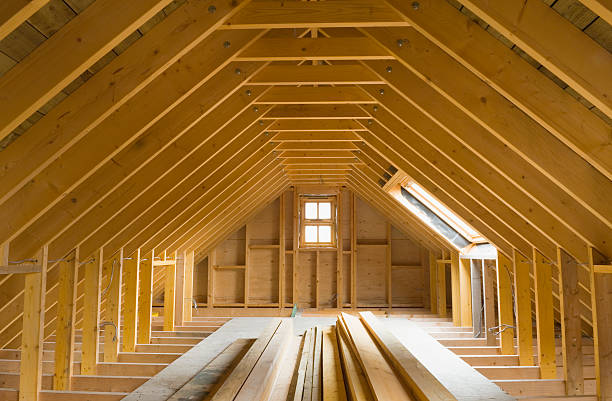Attic space in newly-built house, ready for conversion. Wiring has been done.