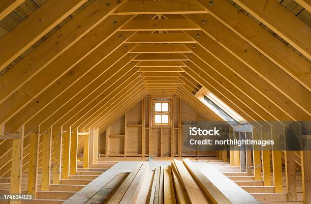 View Of Aframe Attic In A Newlybuilt Home Stock Photo - Download Image Now - Attic, Wood - Material, Roof Beam