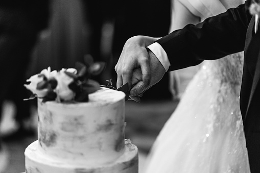 Midsection of newlywed couple cutting cake during wedding reception. Horizontal shot.