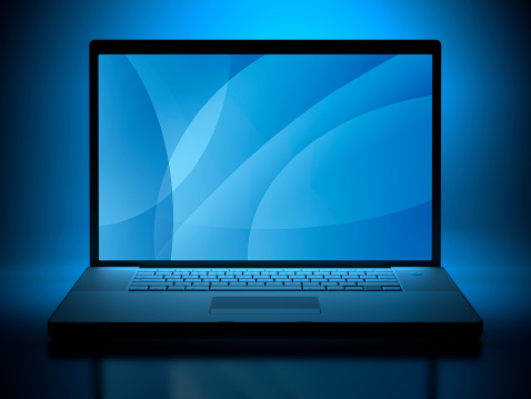 High quality 3d render of laptop illuminated by it's own screen. Detailed clipping paths for outline and screen included.