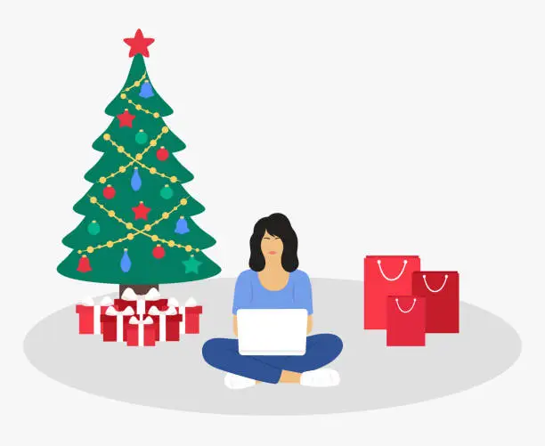 Vector illustration of Young Woman With Laptop Choosing Gifts For Christmas. Online Christmas Shopping Concept. Christmas Decoration With Christmas Tree, Gift Boxes And Red Shopping Bags