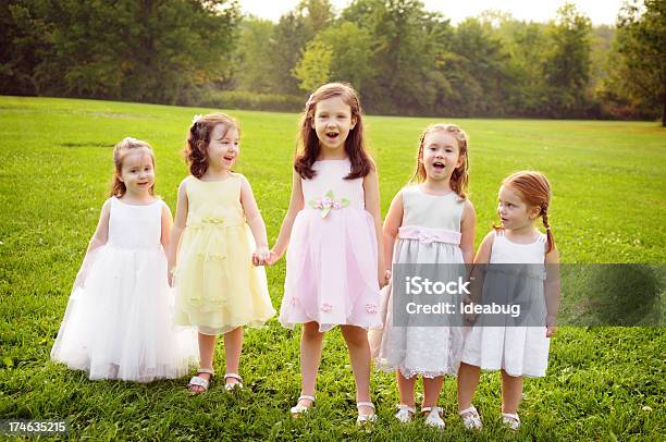 Five Little Princess Девушек В Платьях И Держаться За Руки — стоковые фотографии и другие картинки 2-3 года