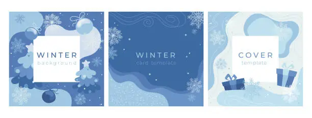 Vector illustration of Set of three winter backgrounds in blue tones