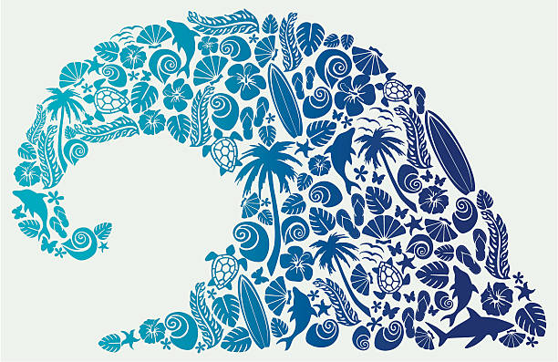 ilustrações, clipart, desenhos animados e ícones de composição de forma de onda - hawaiian culture hibiscus print pattern