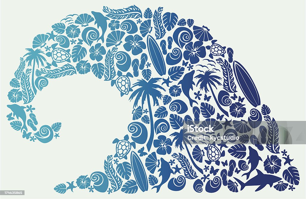 Wave Shape Composition Composition with surf and beach elements in silhouettes in a big wave shape and water colour palette. Surfing stock vector