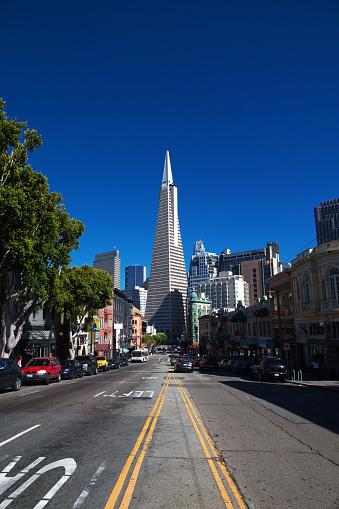 San Francisco, United States - 13 Jul 2017: Transamerica Pyramid in San Francisco city, West coast, United States