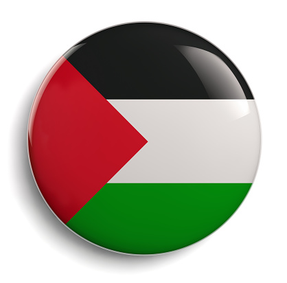 Palestinian flag round button badge, isolated on white background. Ideal for representing Palestine, national cause, campaigns, and political events.