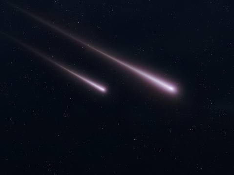 Glowing shooting stars. Burning meteorite in the night sky. Meteors entered the Earth's atmosphere.