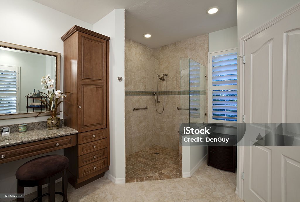 Senior Friendly Bathroom Fresh Remodel A bathroom remodeled with the special needs of seniors in mind. Accessibility Stock Photo