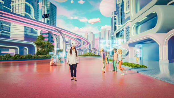 istock African Female Wearing a Virtual Reality Headset. She Is Walking In Digital Internet 3D Universe with Colorful Avatars. Next Generation Immersive Social Network Online Metaverse Experience 1746378457