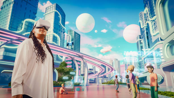 istock African Female Wearing a Virtual Reality Headset. She Is Walking In Digital Internet 3D Universe with Colorful Avatars. Next-Generation Immersive Social Network Online Metaverse Experience Concept. 1746378528