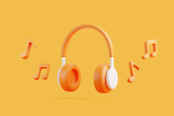 istock Cartoon headphones and melody note flying on orange background 1746378584