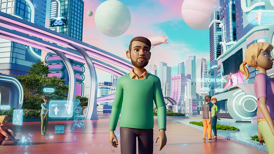 Digital Metaverse Avatar Of Young Indian Man Walking Through Immersive 3D World. Internet Enthusiast Is Exploring Next Generation Social Media. Online Universe For Connecting With Friends. 3D Render
