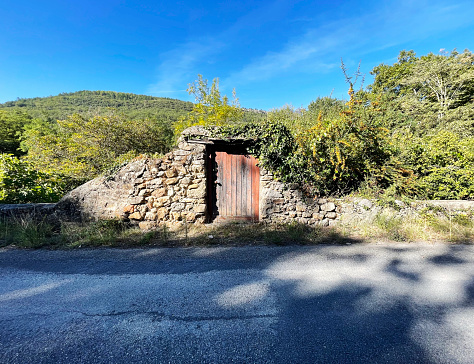 Old wooden door in an overgrown stone wall in the Pyrenees