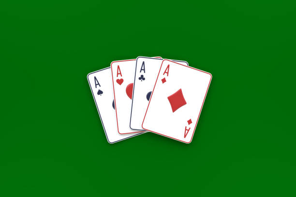 Playing cards on a green background. Casino cards, blackjack, poker. Top view. 3D render illustration