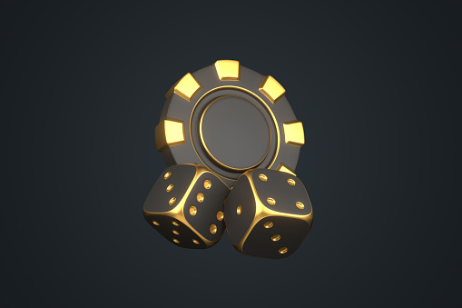 Casino chips and gambling dices  on a black background. Poker, blackjack, baccarat game concept. 3D render illustration