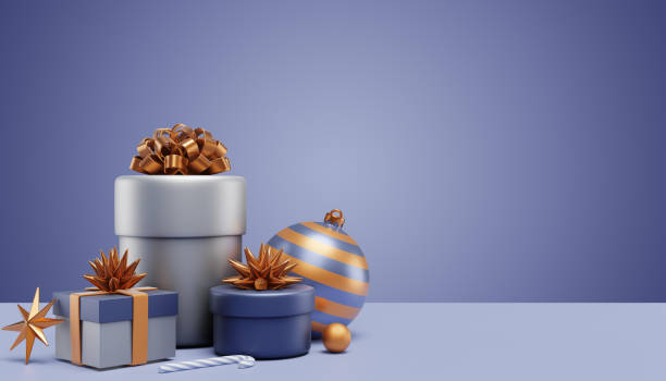 istock Christmas composition with gift boxes and Christmas tree branches and decorations on a blue nova background. 3D rendering 1746387252