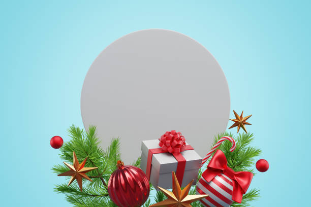 istock Christmas card.Blank white circle gift boxes with Christmas tree decorations on a blue background. 3D rendering 1746387807
