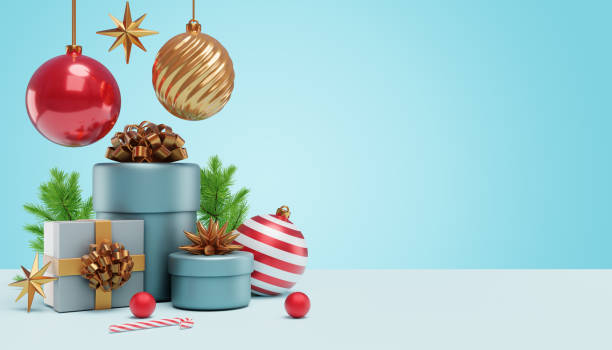 istock Christmas composition with gift boxes and Christmas tree branches and decorations on a blue background. 3D rendering 1746387815