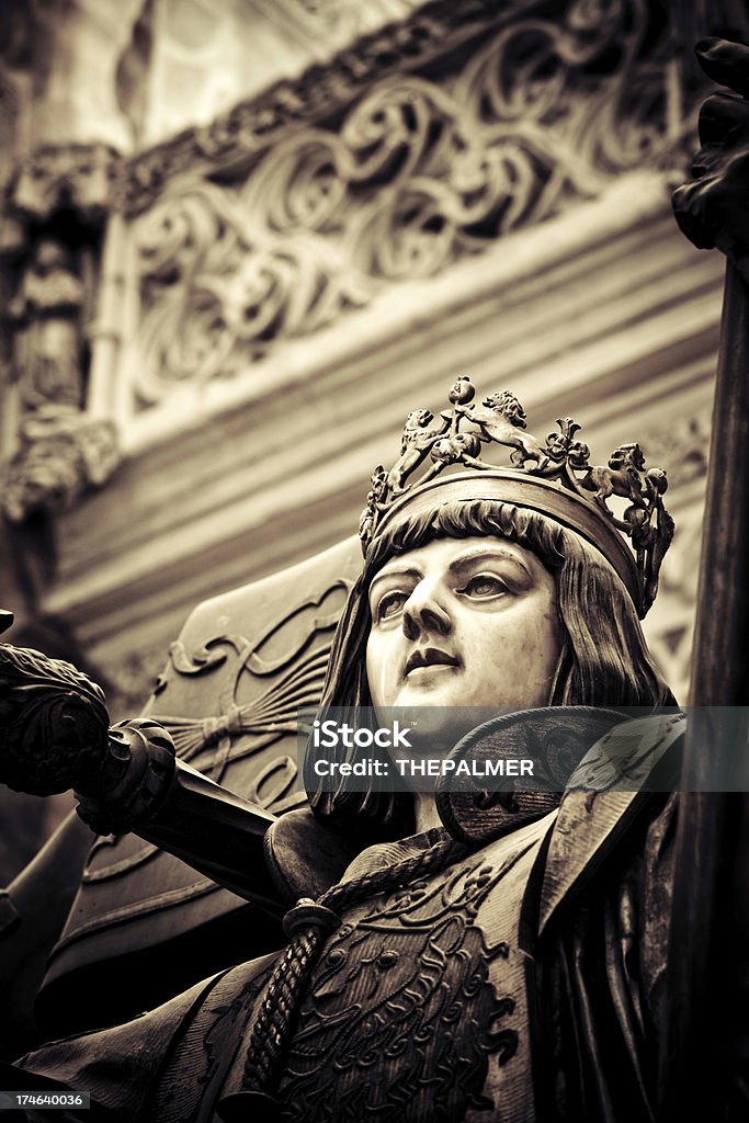 Columbus's sepulcher detail of the Columbus's tomb in Seville Cathedral. It is borne by four statues of kings representing the Kingdoms of Castile, Leon, Aragon, and Navarre. Christopher Columbus - Explorer Stock Photo