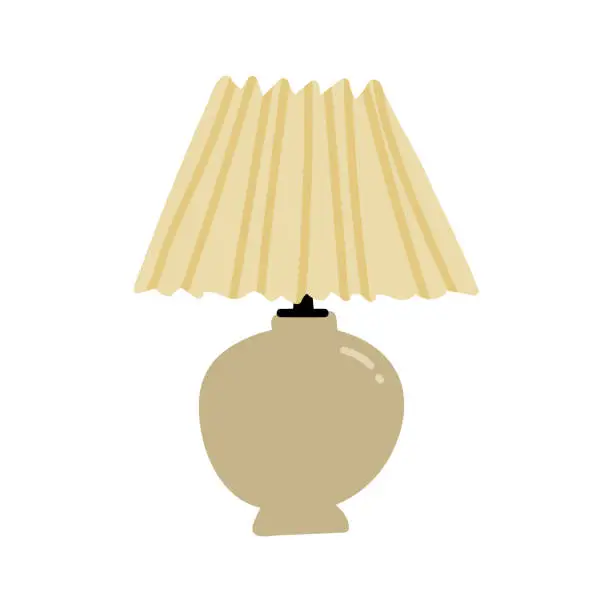 Vector illustration of Classical interior decor table lamp vector illustration. Cute hand drawn beige bedside lamp with ceramic base and pleated shade. Cozy home light. Scandinavian boho mid century design.