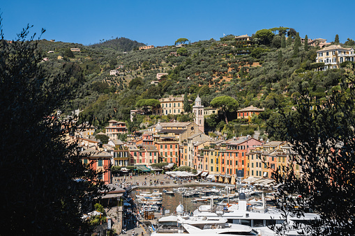 Portofino, Italy - September 25, 2023: Marina with many yachts and boats - the bay of a sea city