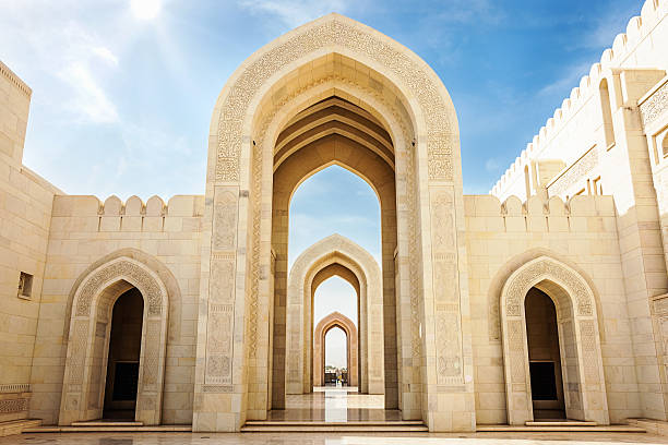 Arches Sultan Qaboos Grand Mosque Muscat,Oman Arches of Sultan Qaboos Grand Mosque in Muscat, Oman, Middle East, Arabia. islamic architecture stock pictures, royalty-free photos & images