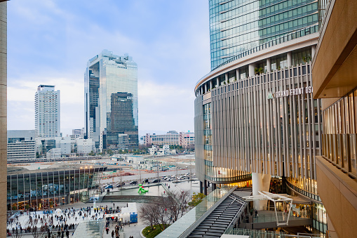 Osaka, Japan - Jan 4, 2020: High angle view of Umekita Plaza, Grand Front Osaka, and Umeda Sky Building