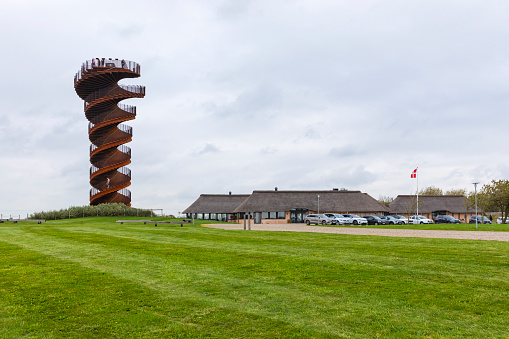 Skærbek, Denmark – September 29, 2023: Marsk tower lookout by BIG Bjarke Ingels Group architects, built in 2021 at Marsk center.