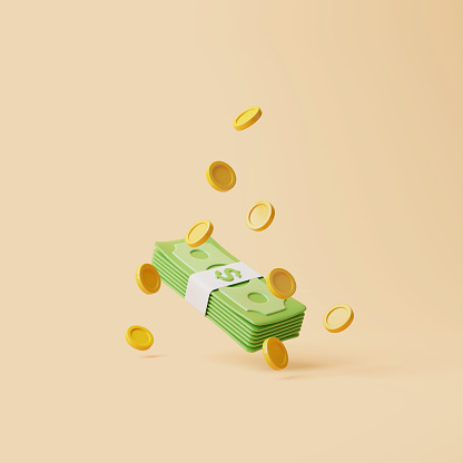 Bundle of money with gold coins floating on beige background. US dollars. Money and payment concept. Minimalist 3d render illustration