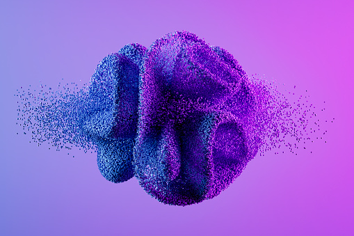 Abstract shape exploding with particles on neon background. Digitally generated image.