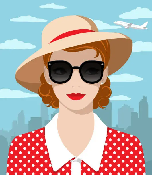 Vector illustration of Beautiful redhead traveler woman wearing dark sunglasses and classic dress