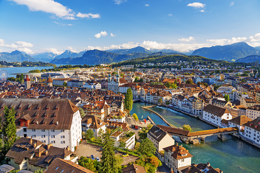 Lucern, Switzerland aerial view over the Ruess River.