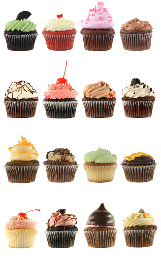 Sixteen individual, unique, high-resolution digital macro captures, of beautifully decorated assorted flavors of cupcakes, isolated on a white background with no shadow.