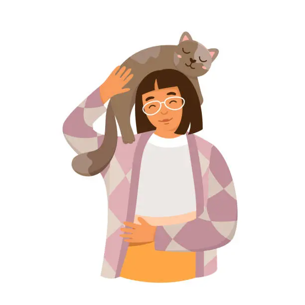 Vector illustration of Person holding cat on shoulders, young happy woman playing with furry funny animal