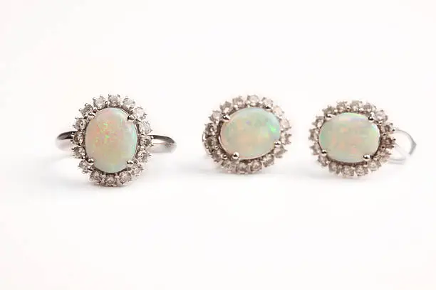 Opal and diamond ring and earrings